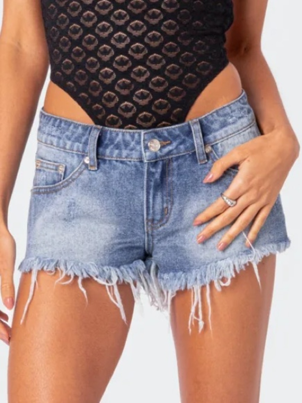 Edikted Erika low rise frayed denim shorts
